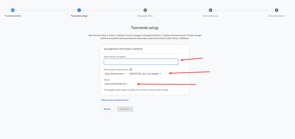 Tworzenie usługi GA